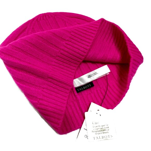Talbots 100% Cashmere Rib Knit Beanie Hat – Neon Pink – NWT - Picture 4 of 5